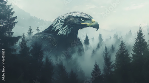 Majestic eagle superimposed with a misty forest landscape, creating a mystical abstract artwork. Mystical. Illustration