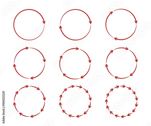 Ręcznie rysowane koło ze strzałkami. Czerwony diagram kołowy. Ilustracja wektorowa.