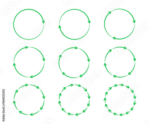 Ręcznie rysowane koło ze strzałkami. Zielony diagram kołowy. Ilustracja wektorowa.