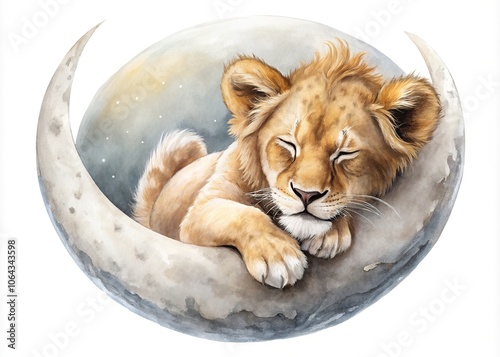 A gentle watercolor depicts a lion cub, nestled in slumber, with a moonbeam illuminating its fur.