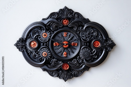 Gothic-style clock with dark metal gears, each turning at different speeds based on size, symbolizing gear ratio, creating a mysterious, intricate look