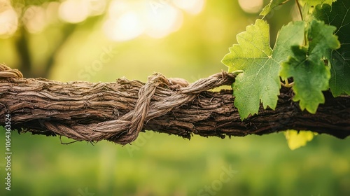 Closeup of a wild grapevine tendril, intricate twists, vibrant green, natural wildness