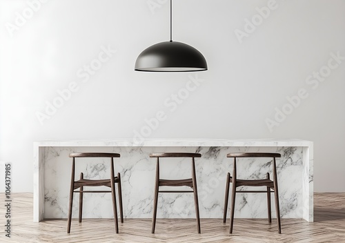 Minimalist Kitchen Interior with Marble Countertop and Wooden Chairs