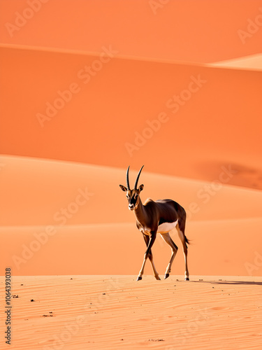 Oryx gazella walks over beautiful red sand dunes in Namib desert