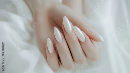 delicate feminine hands crossed elegantly, long almond-shaped nails with pearlescent white polish, soft focus photography, muted background, bridal fashion editorial style