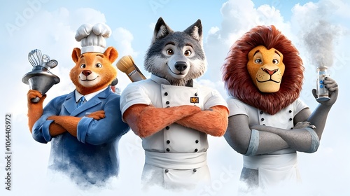 Whimsical and imaginative watercolor painting depicting a creative team of animal characters in various roles a wolf as a pilot a bear as a chef and a lion as a scientist