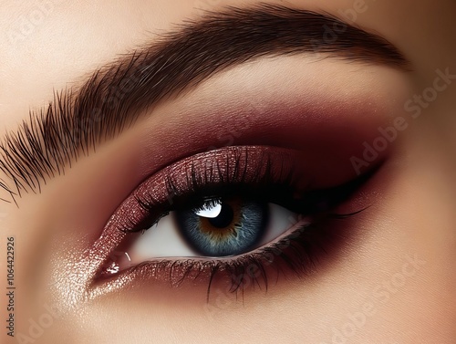 A close up of a woman's blue eye with a red eye shadow