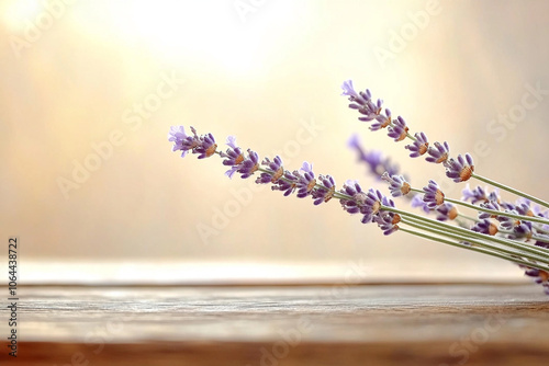 Lavender stems on a wooden surface with a soft light background.