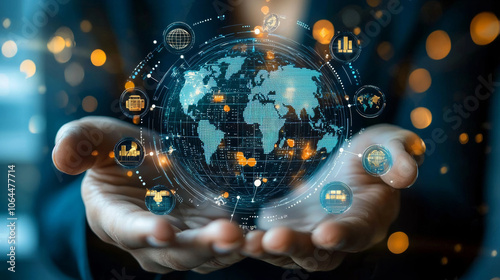 Global payment system with interconnected digital networks, showcasing world map and data visualizations, symbolizing financial technology and innovation