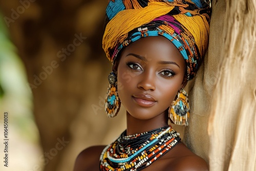 Beautiful african model wearing traditional colorful headdress and jewelry