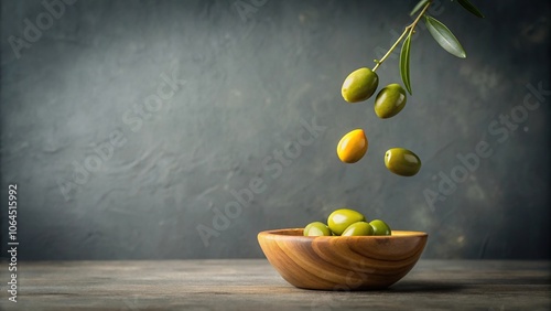 a single green olive falls off a small wooden bowl onto a soft gray background, vintage, decorative