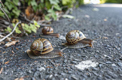 Snails moving along a road, highlighting nature, wildlife, and slow movement in a natural environment The asphalt surface contrasts with the lush greenery surrounding