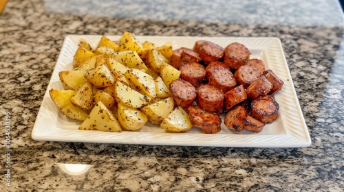 Papas asadas y salchichas en rodajas servidas en un plato blanco, ideal como plato principal.