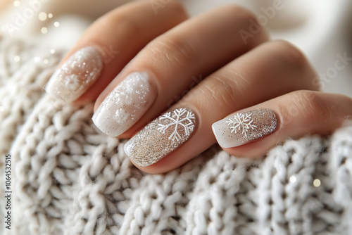 Woman showing christmas snowflake nail art design on white woolen background