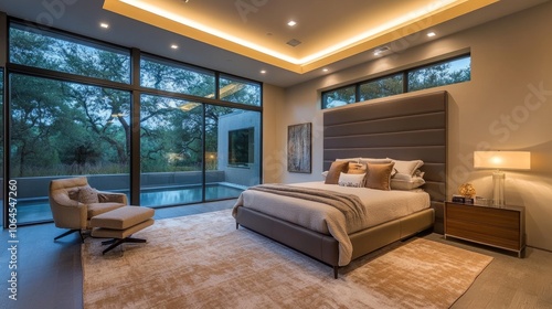 Contemporary bedroom with recessed ceiling LED lighting, creating a gentle, relaxing glow over modern furniture and decor.