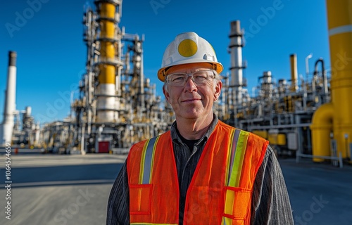 An elderly engineer quietly inspects an oil pipeline, a refinery location, safety equipment, and the oil industry..