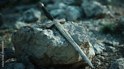 Sword stuck in a rock like in the Excalibur Legend, the mythical sword of king arthur