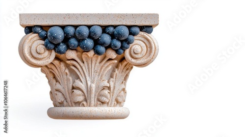 A photostock of a classic Doric column on a white background, isolated and detailed.