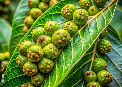 Close-Up of a Green Water Apple Leaf with Raised Galls Caused by Pests or Disease - Nature's Intriguing Defects Revealed in Long Exposure Photography