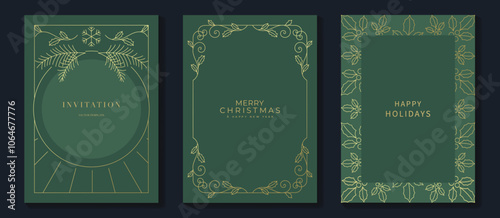 Luxury christmas invitation card art deco design vector. Christmas holly, snowflake gold line art on green background. Design illustration for holidays cover, season's greeting poster.