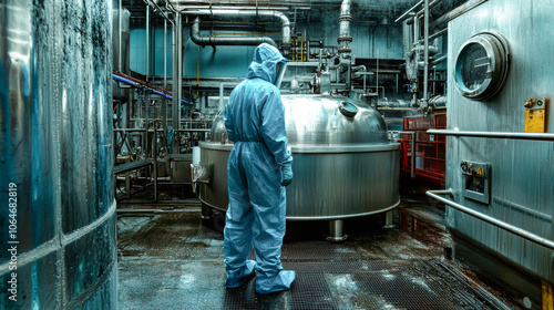 Professional in blue protective suit skillfully operates a stainless steel pasteurization tank in a chemical industry facility