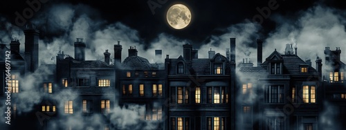 Une ville victorienne sombre avec des bâtiments noirs et de la fumée, la nuit, une lune dans le ciel et des fenêtres allumées.