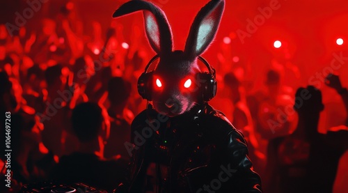 Un lapin aux yeux rouges brillants, portant des écouteurs et une veste en cuir noir, jouant le Disc jockey devant une foule, lumière rouge.