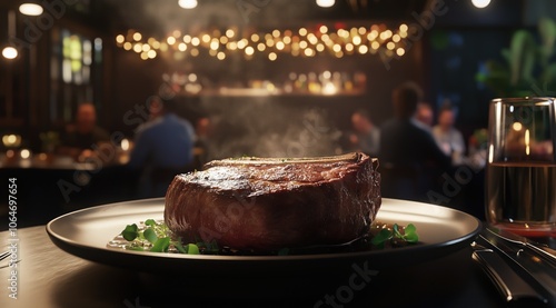 Un morceau de viande chaud avec de la fumée, placé dans une assiette au centre d'une table d'un restaurant, clients et lumière en arrière-plan.