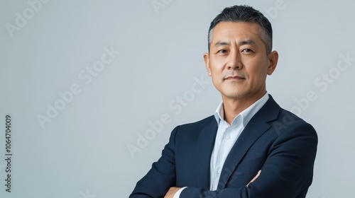 Confident Asian man in his 50s wearing a business suit with arms crossed, expressing determination and professionalism in a neutral background.