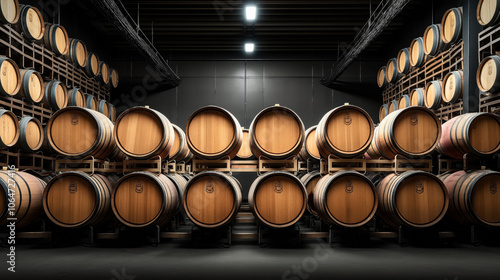 Interior of a warehouse featuring rows of large wooden barrels stacked on metal racks under industrial lighting, likely used for aging wine or spirits.