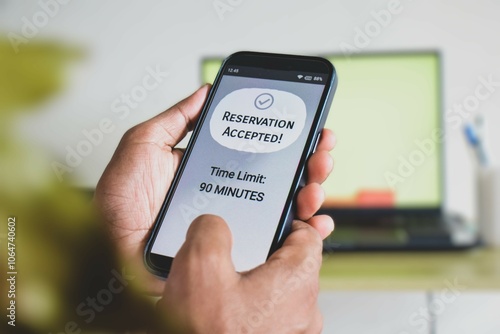 Close-up of a mobile screen displaying accepted restaurant reservations and time limits messages. 