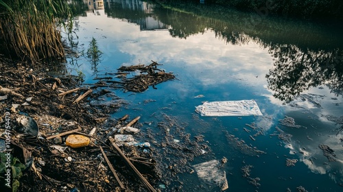 View of a polluted water source with debris showcasing how contamination worsens the water scarcity issue