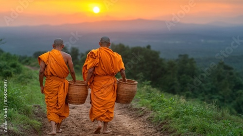 Monks walking barefoot on an alms round, symbolizing humility and devotion in Buddhist monastic life