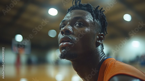 A basketball player dunking the ball, their expression intense and focused, in a lively, indoor court setting.