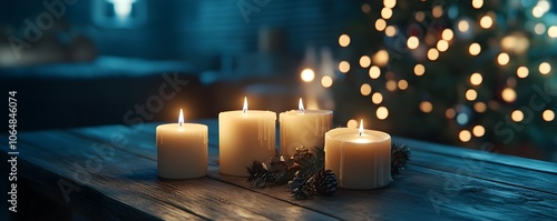 Burning Candles on Wooden Table with Christmas Lights in Background