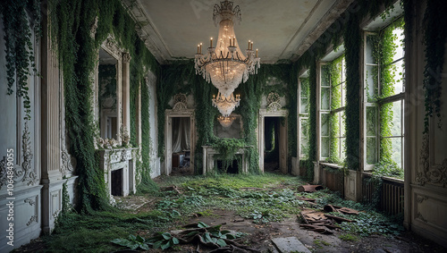 Abandoned Opulent Ballroom Cloaked in Verdant Greenery