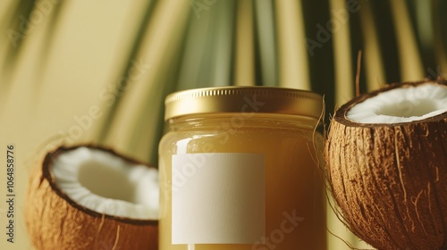 A glass jar of coconut oil highlights its smooth texture beside fresh coconuts