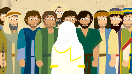 cartoon Bible illustration of resurrected Jesus appearing before His disciples