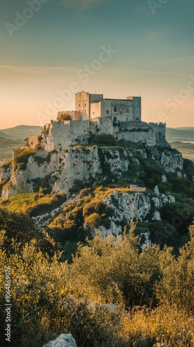 Historic Monte Sant'Angelo castle at dawn overlooking the stunning Puglia landscape with soft morning light