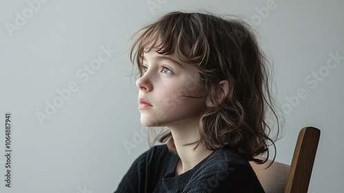 Young Girl with Disheveled Hair: Slumped in a Chair, Gazing Off into the Distance Against a Minimalist White Backdrop