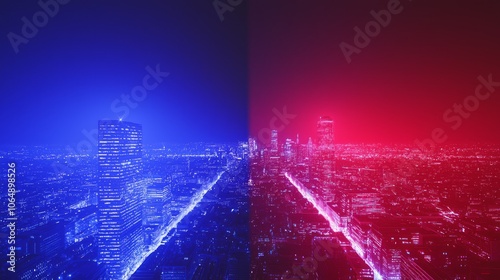 Political Divide: Striking Cityscape at Dusk with Red and Blue Illumination Showcasing Ideological Contrast