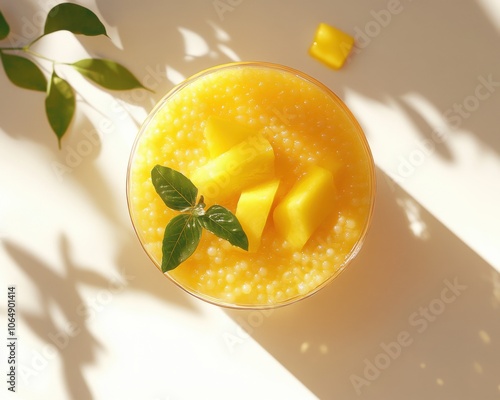 Mango sago smoothie served in a glass, vibrant tropical dessert and fresh mango pieces