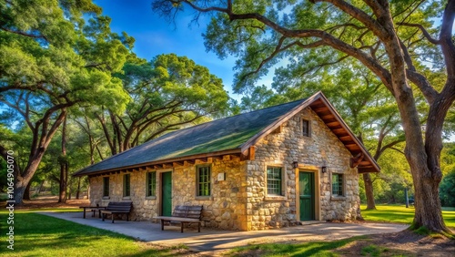 Historic Recreation Hall from the 1930s at Lake Brownwood State Park Surrounded by Lush Nature and Scenic Views, Showcasing Civilian Conservation Corps Architecture