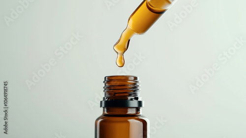 Close-up of a dropper dispensing liquid into a small amber glass bottle against a light background.