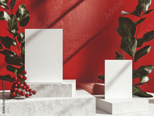 Christmas greeting card mock up: white greetings card mock u on white concrete with pine leaves, eucalyptus leaves, cedar leaves, and holly berries. Red and white background. Top angle view, hyper rea