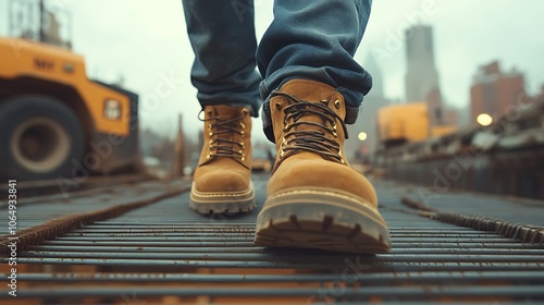 Photograph of a construction worker walking on steel