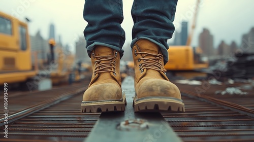 Photograph of a construction worker walking on steel