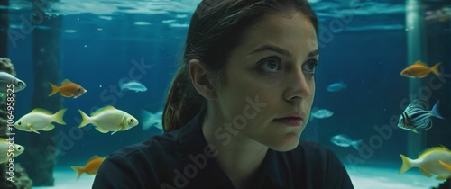 marine biologist in a closeup observing a school of glowing robotic fish in a hightech underwater research facility