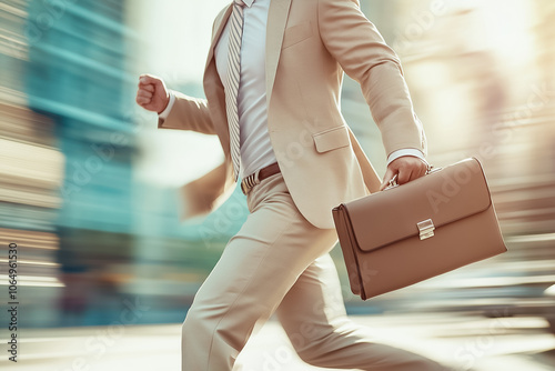 A professional man hurries down a vibrant city street, carrying a briefcase, showcasing a busy workday