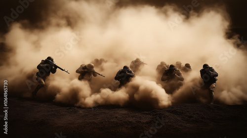 Group of soldiers wearing helmets running through dense brown smoke during a military exercise or battle simulation, holding rifles and dressed in military uniforms.